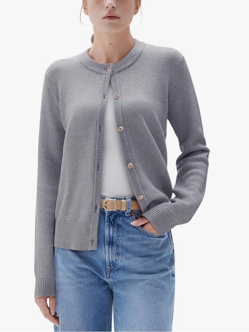 Women’s S Gray Cashmere Blend Cardigan Sweater Gold Knot Buttons Quiet Luxury
